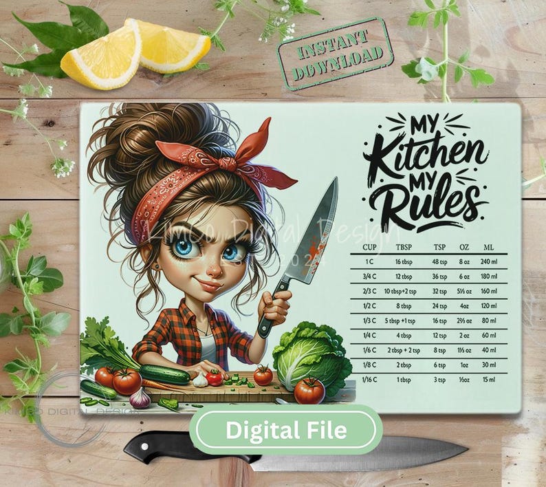 Digital PNG design of a sassy cartoon chef girl with a red bandana and knife beside “My Kitchen My Rules” text and a cooking measurement chart, designed for sublimation on glass cutting boards.