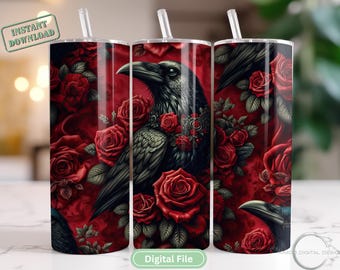Raven Tumbler Wrap, Gothic Roses PNG, Dark Aesthetic, Crow Sublimation, Halloween Tumbler, Gothic Gift, 20oz Skinny Tumbler, Digital File