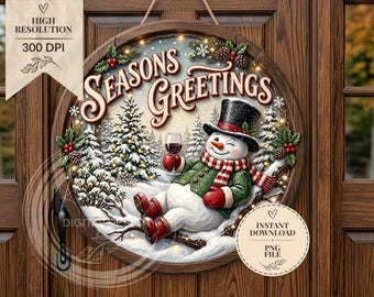 Snowman Christmas Door Sign PNG, Seasons Greetings Sublimation Design (Digital Download)