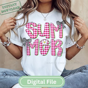 Camisa de cuadros vichy de verano PNG, diseño digital de lazo coqueto, cuadros rosas PNG, cuadros de verano para niña PNG, playa PNG, archivo digital de verano preppy