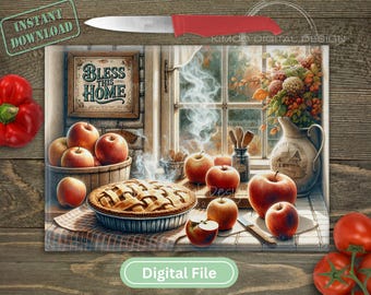 Bless This Home Cutting Board Sublimation • Rustic Apple Pie Kitchen PNG • Fall Farmhouse Kitchen Decor • Instant Digital Download