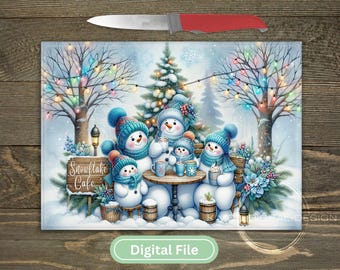 Snowflake Café Snowman Cutting Board PNG | Christmas Cutting Board Sublimation Design | Winter Kitchen Decor Digital File Download