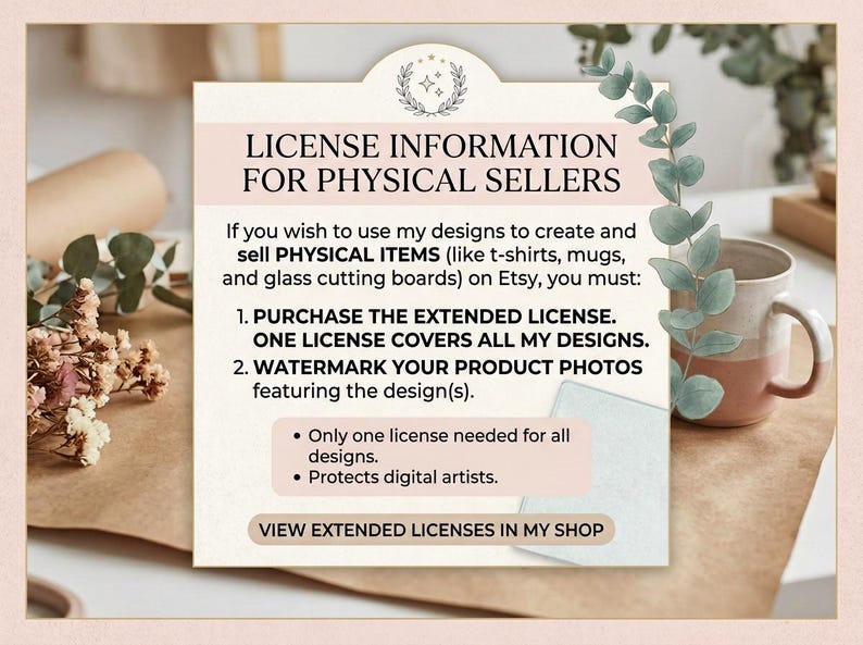 May include: A rectangular informational sign with a cream background and black text titled LICENSE INFORMATION FOR PHYSICAL SELLERS. It outlines requirements for using designs on physical items, including purchasing an extended license and watermarking photos.
