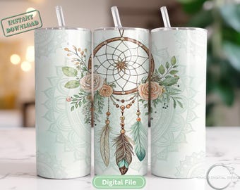 Dreamcatcher 20oz Tumbler Wrap - Boho Floral Digital Download - Seamless Skinny Straight Sublimation Design Digital File Download