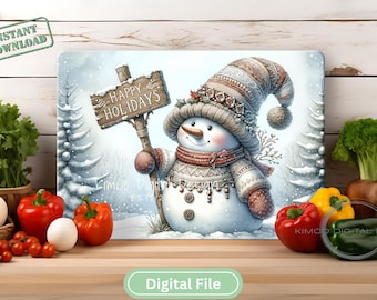 Christmas Snowman Sublimation Cutting Board Design, Cute Christmas Snowman Cutting Board PNG, Cutting Board File Digital Design Download