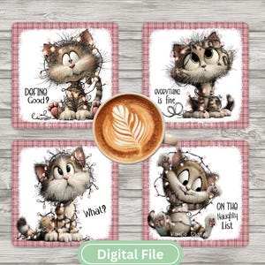Julkattunderlägg PNG-set, 4-pack underläggskonst, julkatt PNG, roliga julunderlägg, sublimeringspaket 4x4, digital nedladdning