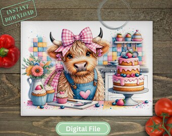 Highland Cow Baking Sublimation PNG, Farmhouse Kitchen Cutting Board Design, Cow Kitchen Decor, Cute Baking Digital Glass Cutting Board File