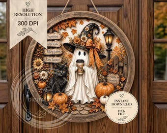 Fall Ghost Door Sign PNG, Black Cat Halloween Door Hanger Sublimation, Cozy Autumn Witch Round Sign, Pumpkin Fall Decor