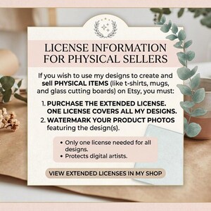 K&ouml;nnte beinhalten: Ein rechteckiges Informationsschild mit cremefarbenem Hintergrund und schwarzem Text mit dem Titel LICENSE INFORMATION FOR PHYSICAL SELLERS. Es beschreibt die Anforderungen f&uuml;r die Verwendung von Designs auf physischen Artikeln, einschlie&szlig;lich einer Lizenz.