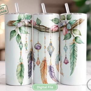 Boho Feathers and Crystals 20 oz Skinny Tumbler Sublimation Design Digital Download PNG Instant DIGITAL File