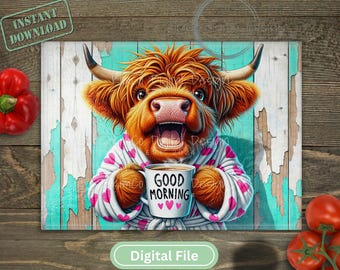 Highland Cow Glass Cutting Board PNG | Funny “Good Morning” Sublimation Design | Rustic Farmhouse Cow Clipart | Digital Kitchen Download