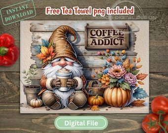 Coffee Gnome Cutting Board PNG: Fall Kitchen Sublimation Design (Digital Download)