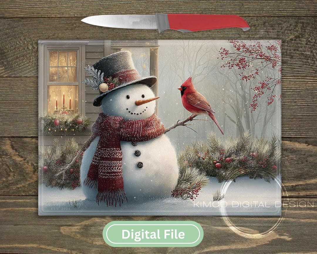 Snowman Cardinal Cutting Board PNG, Christmas Glass Chopping Board ...
