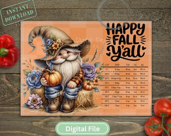 Happy Fall Y’all Gnome Glass Cutting Board PNG, Fall Kitchen Decor Sublimation, Rustic Conversion Guide, Pumpkin Farmhouse Digital Design
