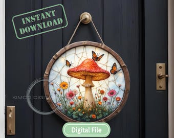 Mushroom Door Sign Sublimation, Woodland Butterfly Round PNG for Porch Decor, Fairy Garden Cottagecore Hanging Sign, Digital Download File