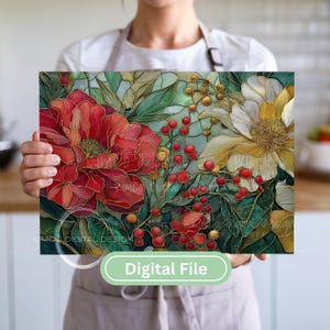 Stained glass floral sublimation PNG featuring red and white peonies with berries. Perfect for Christmas cutting boards, farmhouse décor, and festive digital art.