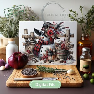 Rustic snowman with red plaid scarf and floral hat, standing by a wooden fence with lanterns and pinecones in a snowy country Christmas scene, sublimation PNG for glass cutting boards.