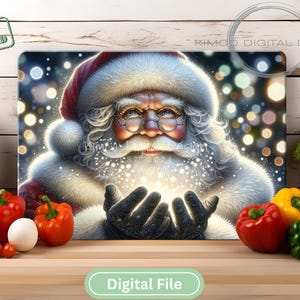 Puede incluir: Impresi&oacute;n de arte digital de Pap&aacute; Noel con barba blanca, gorro rojo y gafas, sosteniendo part&iacute;culas brillantes. El fondo presenta luces bokeh. La imagen est&aacute; rodeada de verduras frescas, incluyendo pimientos y tomates. Las palabras "Descarga instant&aacute;nea" y "Archivo digital" son visibles.