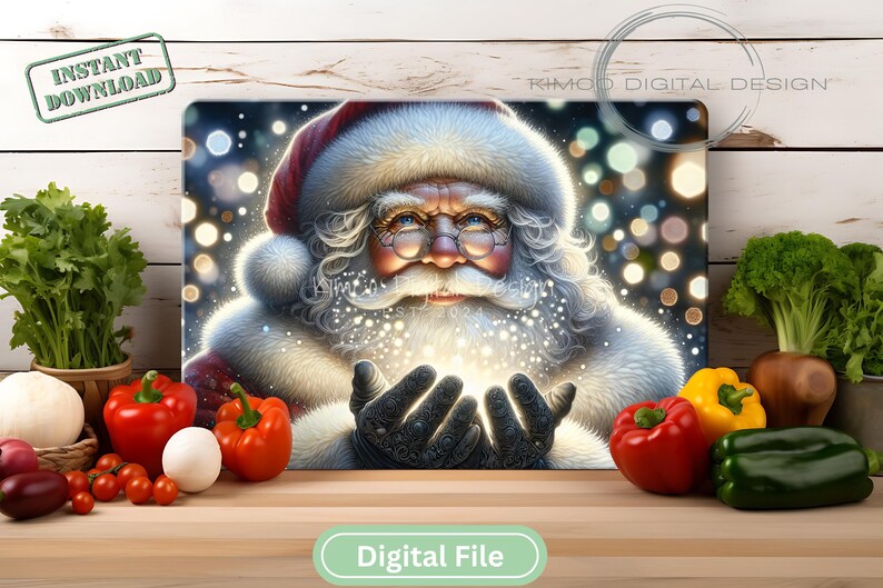 Puede incluir: Impresi&oacute;n de arte digital de Pap&aacute; Noel con barba blanca, gorro rojo y gafas, sosteniendo part&iacute;culas brillantes. El fondo presenta luces bokeh. La imagen est&aacute; rodeada de verduras frescas, incluyendo pimientos y tomates. Las palabras "Descarga instant&aacute;nea" y "Archivo digital" son visibles.