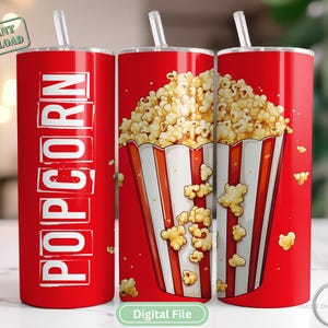 Popcorn Tumbler Wrap 20oz Skinny | Movie Night Sublimation PNG | Retro Red Popcorn Cup Design | Digital Download | Instant Download File