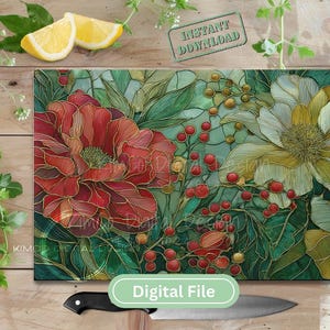 Stained glass floral sublimation PNG featuring red and white peonies with berries. Perfect for Christmas cutting boards, farmhouse décor, and festive digital art.