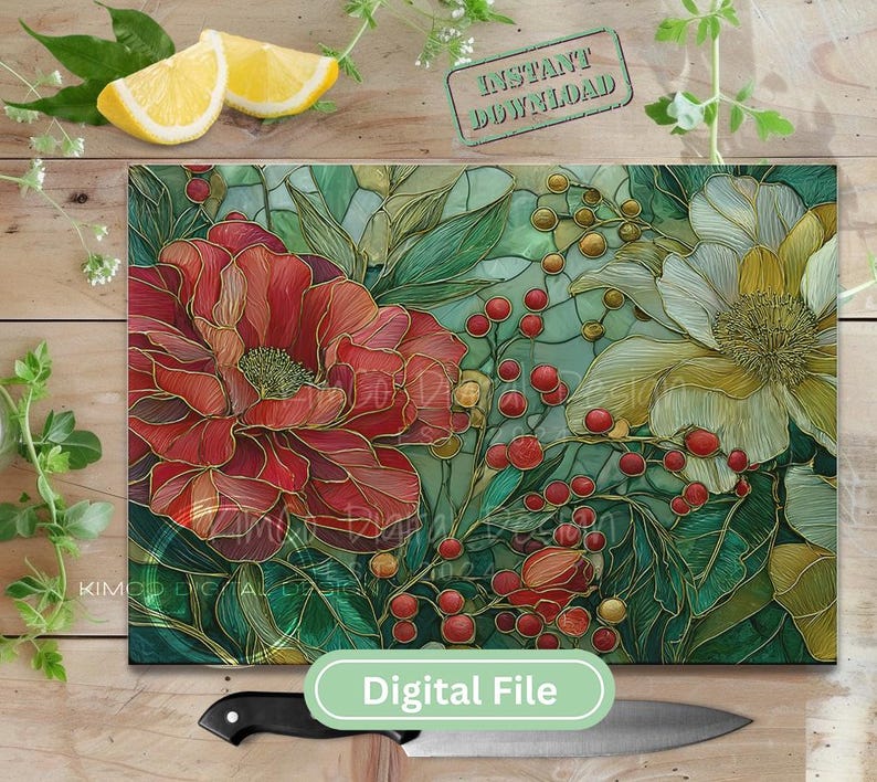 Stained glass floral sublimation PNG featuring red and white peonies with berries. Perfect for Christmas cutting boards, farmhouse décor, and festive digital art.