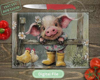 Cute Pig in Rain Boots Glass Cutting Board PNG, Farm Animal Chopping Board Kitchen Decor, Chickens Farmhouse Sublimation Digital File
