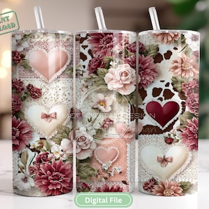 May include: Three stainless steel tumblers with floral and heart designs. The tumblers feature a variety of patterns, including a cowhide print, and are adorned with pink, white, and burgundy flowers. Each tumbler has a clear straw and the text "Instant Download" and "Digital File".