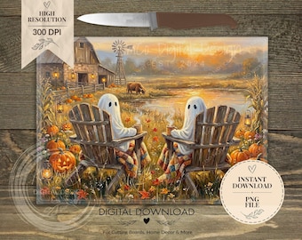 Cozy Ghost Fall Glass Cutting Board PNG | Farmhouse Halloween Kitchen Decor | Highland Cow Autumn Sublimation Design | Digital Download