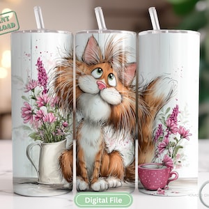Funny Cat Tumbler Wrap PNG, 20oz Sublimation Design with Whimsical Kitty, Floral Coffee Mug Art, Digital Download for Cat Lovers, Digital