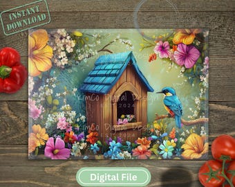 Birdhouse Cutting Board PNG, Floral Spring Kitchen Sublimation Design, Colorful Bluebird Clipart, Chop Board, Digital Download for Crafts |