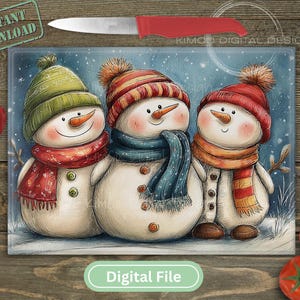 Whimsical Snowman Cutting Board PNG • Winter Kitchen Sublimation Design • Glass Board Christmas Digital Download • Cute Holiday Snowmen File