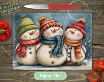 Tagliere con pupazzo di neve stravagante PNG • Design per sublimazione per cucina invernale • Download digitale per tagliere di vetro natalizio • File con simpatici pupazzi di neve per le feste