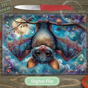 May include: A decorative cutting board featuring a whimsical illustration of a bat hanging upside down from a tree branch. The bat has large eyes and colorful wings. The background is a night sky with a full moon. The words "Digital File" are at the bottom.