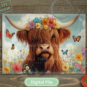 Peut inclure: Une illustration numérique d'une vache Highland brune aux longues cornes, portant une couronne de fleurs colorées. La vache est entourée de diverses fleurs sauvages et de plusieurs papillons orange et bleus sur un ciel nuageux.