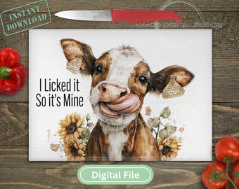 Funny Cow Cutting Board PNG, Rustic Sunflower Farmhouse Kitchen Design for Sublimation on Glass Cutting Boards
