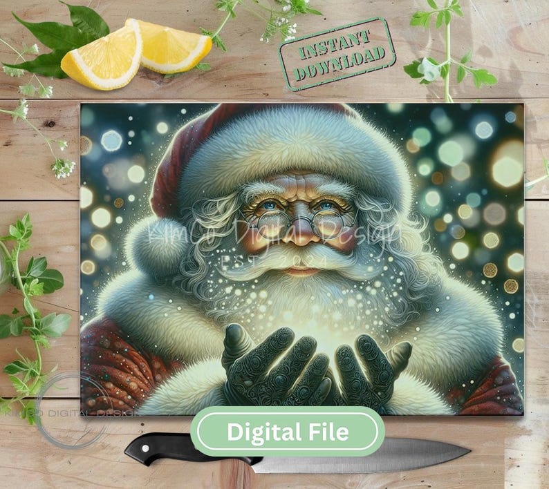 Puede incluir: Una impresi&oacute;n de arte digital de Pap&aacute; Noel, con un gorro y abrigo rojos con ribete de piel blanca. Sus manos est&aacute;n ahuecadas, sosteniendo una luz brillante. La imagen tiene un fondo con efecto bokeh y el texto "Digital File".