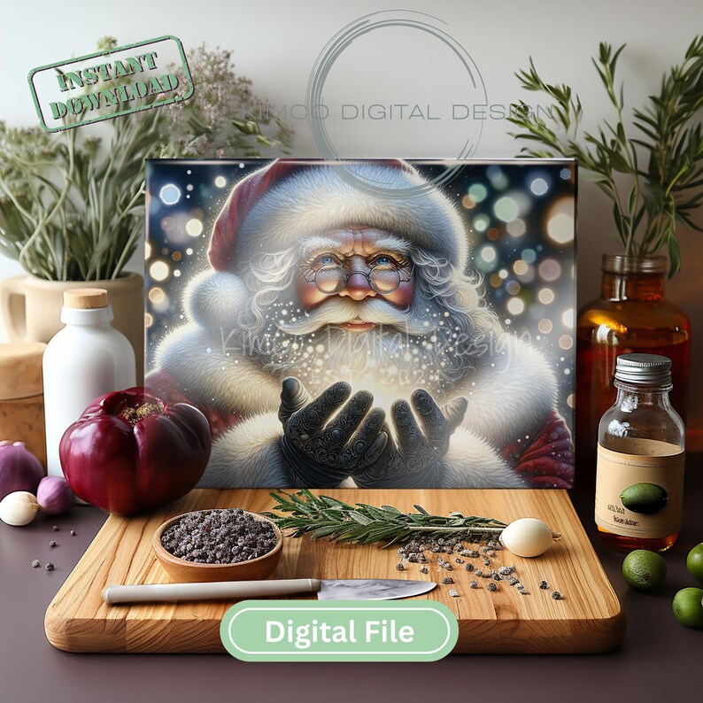Puede incluir: Impresi&oacute;n digital de Pap&aacute; Noel con barba blanca y gorro rojo, sosteniendo part&iacute;culas brillantes. La imagen est&aacute; etiquetada como "Descarga instant&aacute;nea" y "Archivo digital". Una tabla de cortar de madera con ingredientes est&aacute; en primer plano.