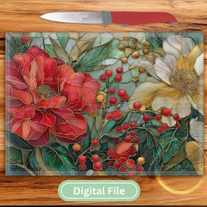 Stained glass floral sublimation PNG featuring red and white peonies with berries. Perfect for Christmas cutting boards, farmhouse décor, and festive digital art.
