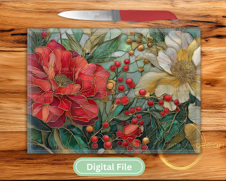 Stained glass floral sublimation PNG featuring red and white peonies with berries. Perfect for Christmas cutting boards, farmhouse décor, and festive digital art.