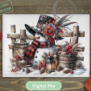 May include: A digital art print of a snowman wearing a top hat, plaid scarf, and surrounded by winter decorations. The snowman is in front of a wooden fence with a bucket of berries and pinecones. The words "Instant Download" and "Digital File" are visible.