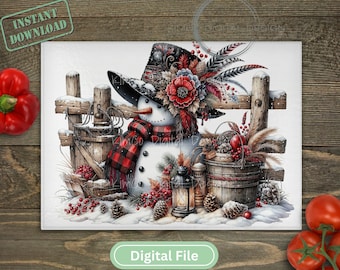 Rustic Snowman Christmas Glass Cutting Board PNG – Country Winter Sublimation Design, Red Plaid Holiday Farmhouse Decor, Digital file
