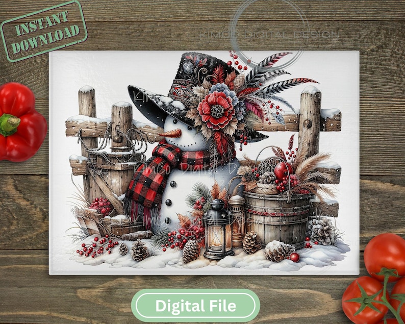 Rustic snowman with red plaid scarf and floral hat, standing by a wooden fence with lanterns and pinecones in a snowy country Christmas scene, sublimation PNG for glass cutting boards.