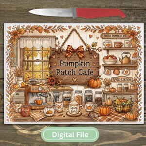 May include: A rectangular glass cutting board featuring a Pumpkin Patch Cafe illustration with a central wooden sign, an espresso machine, mugs, jars, and pumpkins. A red-handled knife rests above the board, which displays the text Pumpkin Patch Cafe, Spice Girl, Fresh Pumpkin Pie, and Spice Station.