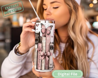 Book Lover 20oz Seamless Skinny Tumbler Sublimation Design - Coquette Books Tumbler Wrap - Digital Download PNG - Instant DIGITAL File