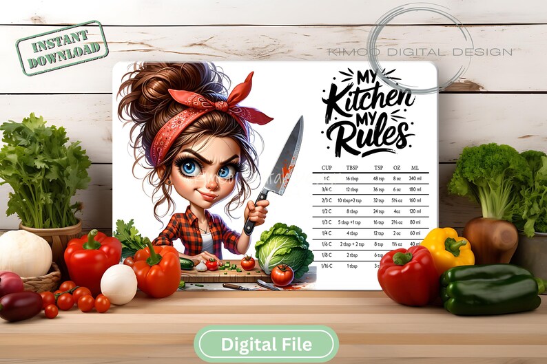 Digital PNG design of a sassy cartoon chef girl with a red bandana and knife beside “My Kitchen My Rules” text and a cooking measurement chart, designed for sublimation on glass cutting boards.