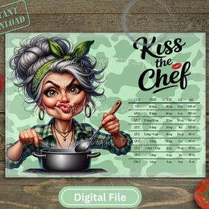 Kiss the Chef Kitchen Conversion Chart PNG – Funny Cooking Sublimation Design for Glass Cutting Board, Sassy Grandma Chef Clipart, Digital