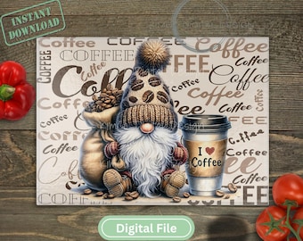Love Coffee Cutting Board PNG Sublimation Design, Coffee Gnome png, Digital Chopping Board png,  Glass Cutting Board Sublimation png