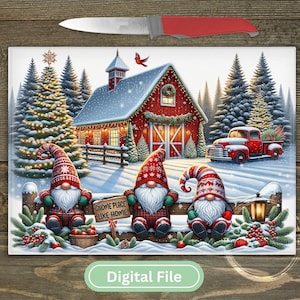 May include: A festive Christmas-themed cutting board featuring a snowy winter scene with a red barn, a truck carrying a Christmas tree, and three gnomes. The gnomes sit on a fence with a sign that reads "Gnome Place Like Home". A red knife is above the board.