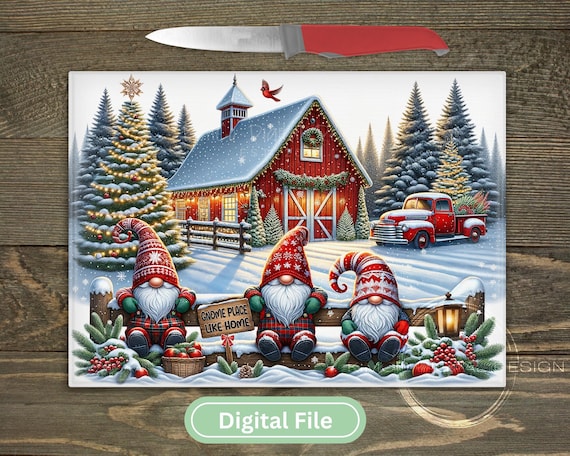 Christmas Gnome Cutting Board PNG, Red Barn Winter Scene Sublimation Design, Farmhouse Holiday Decor Digital Download